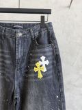 Chrome Hearts New Fashion Leather Cross Jeans Splash Ink Wash Casual Jeans