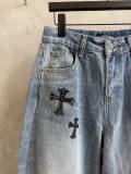 Chrome Hearts New Fashion Diamond Cross Jeans Graffiti Washed Crooked Pants