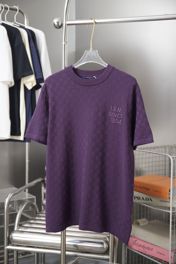 Louis Vuitton Unisex Fashion Embroidery Logo Checkerboard Jacquard Knitted Short Sleeve