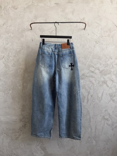 Chrome Hearts New Fashion Diamond Cross Jeans Graffiti Washed Crooked Pants