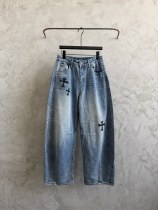 Chrome Hearts New Fashion Diamond Cross Jeans Graffiti Washed Crooked Pants