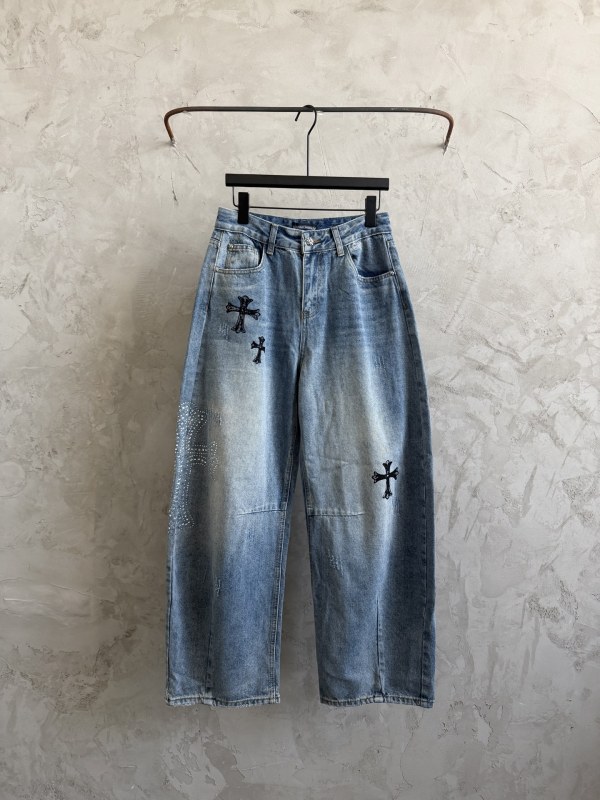 Chrome Hearts New Fashion Diamond Cross Jeans Graffiti Washed Crooked Pants