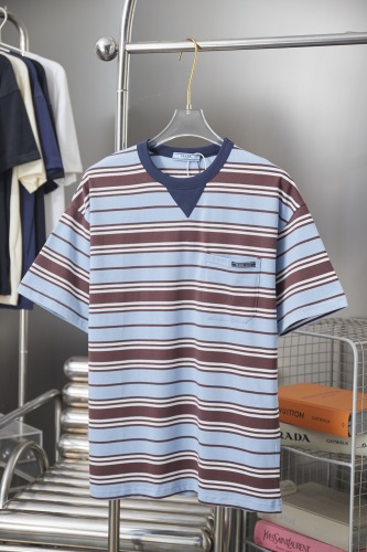 Prada Fashion Logo Printed Stripe Short Sleeve Unisex Casual Versatile T-shirt
