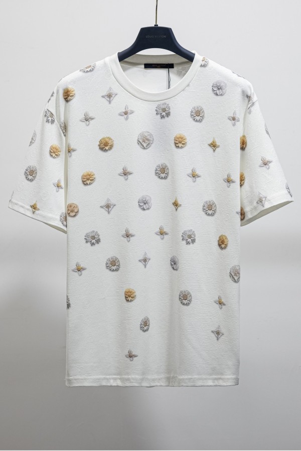 Louis Vuitton Fashion Full Flower Logo Printed T-shirt Unisex Loose Casual Short Sleeve