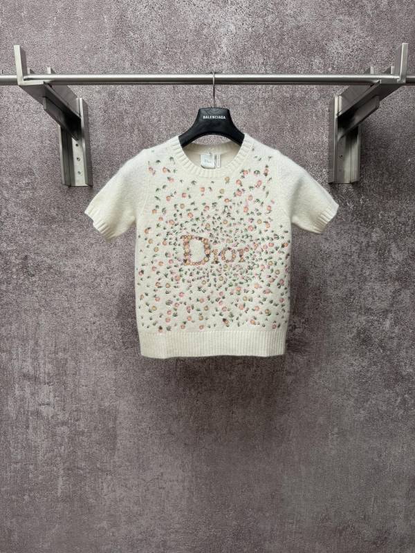 Dior Women Fashion Versatile Embroidered Floral Cashmere Short Sleeve Knitted Sweater