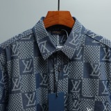 Louis Vuitton Unisex Fashion Embroidered Logo Checkered Denim Shirt