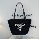 Prada Fashion Versatile Logo Printed Woven Bag Beach Bag Size: 40 x 26 CM