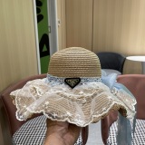 Prada Fashion Countryside Style Lace Bow Straw Hat Sunscreen Top Hat