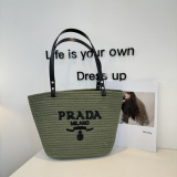 Prada Fashion Versatile Logo Printed Woven Bag Beach Bag Size: 40 x 26 CM