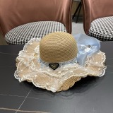 Prada Fashion Countryside Style Lace Bow Straw Hat Sunscreen Top Hat