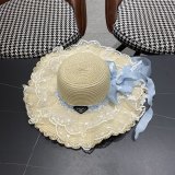Prada Fashion Countryside Style Lace Bow Straw Hat Sunscreen Top Hat