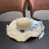 Prada Fashion Countryside Style Lace Bow Straw Hat Sunscreen Top Hat