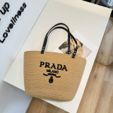 Prada Fashion Versatile Logo Printed Woven Bag Beach Bag Size: 40 x 26 CM