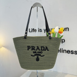 Prada Fashion Versatile Logo Printed Woven Bag Beach Bag Size: 40 x 26 CM