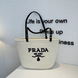 Prada Fashion Versatile Logo Printed Woven Bag Beach Bag Size: 40 x 26 CM
