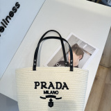 Prada Fashion Versatile Logo Printed Woven Bag Beach Bag Size: 40 x 26 CM