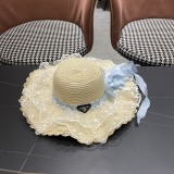 Prada Fashion Countryside Style Lace Bow Straw Hat Sunscreen Top Hat
