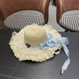 Prada Fashion Countryside Style Lace Bow Straw Hat Sunscreen Top Hat