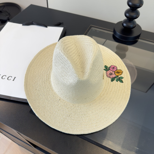 Gucci Fashion Versatile Embroidered Flower Logo Sunshade Hat Grass Hat 57CM
