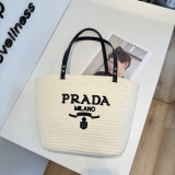 Prada Fashion Versatile Logo Printed Woven Bag Beach Bag Size: 40 x 26 CM
