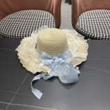Prada Fashion Countryside Style Lace Bow Straw Hat Sunscreen Top Hat