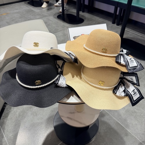 Chanel Fashion Pearl Bow Straw Hat Versatile Sunshade Hat