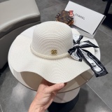 Chanel Fashion Pearl Bow Straw Hat Versatile Sunshade Hat