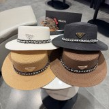 Prada Fashion Pearl Top Hat Versatile Straw Hat 57CM