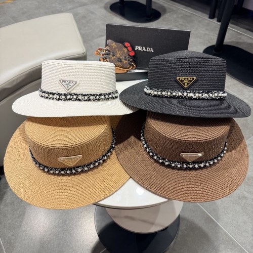 Prada Fashion Pearl Top Hat Versatile Straw Hat 57CM