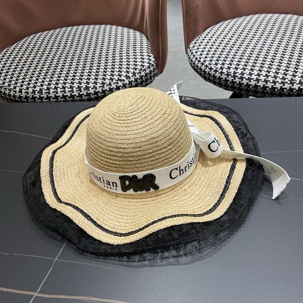 Dior Fashion Large Brimmed Lace Edge Bow Sunscreen Hat Sunshade Straw Hat