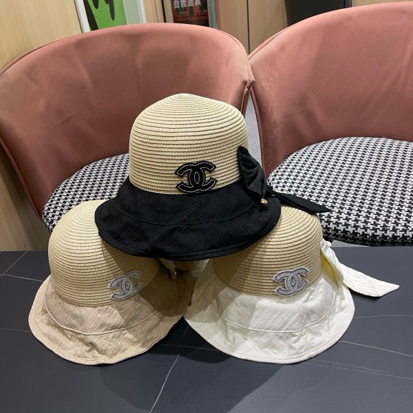 Chanel Fashion Knitted Bow Sun Hat Sunshade and Sunscreen Straw Hat