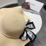 Chanel Fashion Pearl Bow Straw Hat Versatile Sunshade Hat