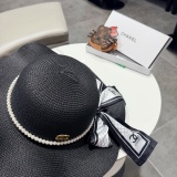 Chanel Fashion Pearl Bow Straw Hat Versatile Sunshade Hat