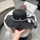 Chanel Fashion Pearl Bow Straw Hat Versatile Sunshade Hat