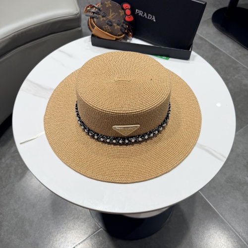 Prada Fashion Pearl Top Hat Versatile Straw Hat 57CM