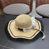Dior Fashion Large Brimmed Lace Edge Bow Sunscreen Hat Sunshade Straw Hat