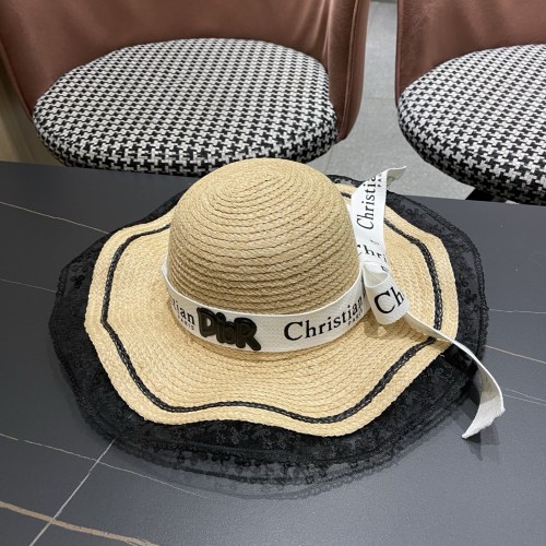 Dior Fashion Large Brimmed Lace Edge Bow Sunscreen Hat Sunshade Straw Hat