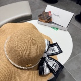 Chanel Fashion Pearl Bow Straw Hat Versatile Sunshade Hat