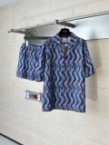 Gucci Fashion Blue Wave GG Old Flower Full Print Short Sleeve Shirt Set