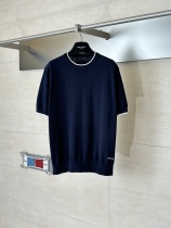 Prada Fashion Versatile Embroidered Logo Tibetan Blue Splicing White Edge Knitted Short Sleeve