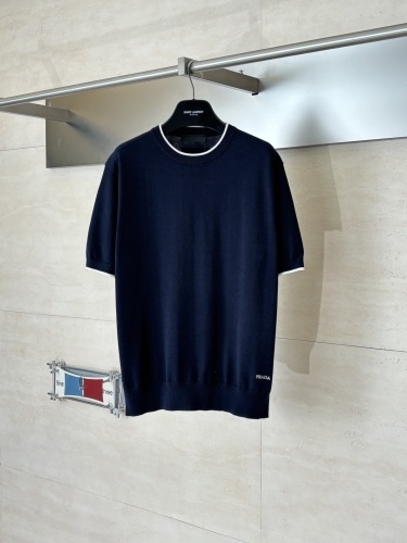 Prada Fashion Versatile Embroidered Logo Tibetan Blue Splicing White Edge Knitted Short Sleeve