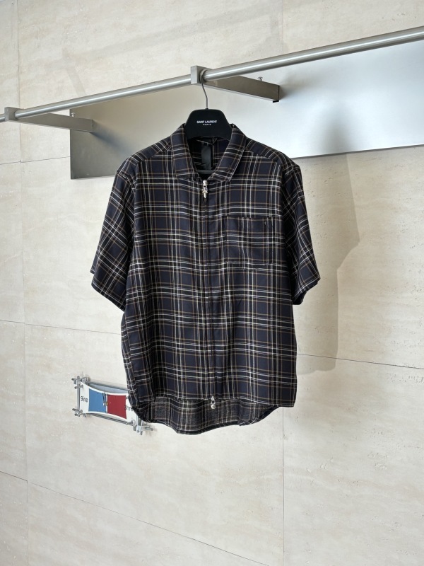 Chrome Hearts Fashion Plaid Sword Zipper Casual Versatile Short Sleeve Shirt