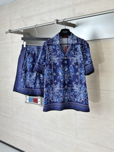 Gucci Fashion Blues Paisley Cashew Flower Full Print Short Sleeve Shirt Set