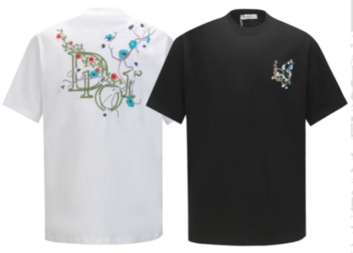 Dior Fashion Embroidered Flower Logo Round Neck T-shirt Couple Casual Loose Short Sleeve