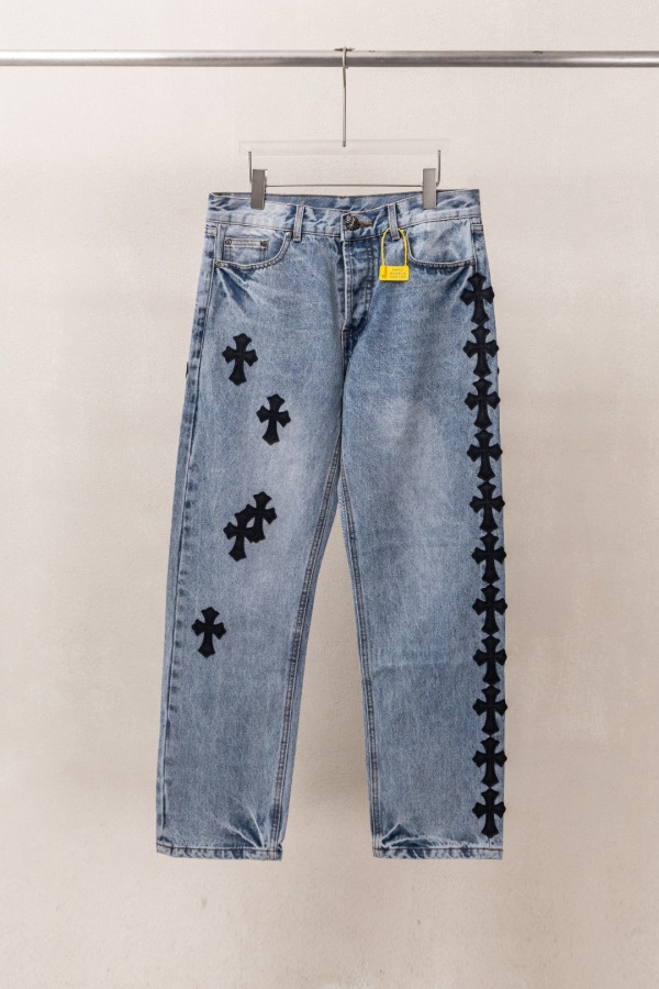Chrome Hearts Unisex Classic Versatile Leather Cross Wash Casual Jeans