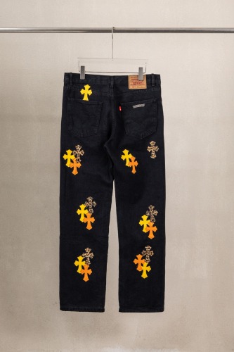 Chrome Hearts Unisex Classic Versatile Leather Cross Casual Jeans