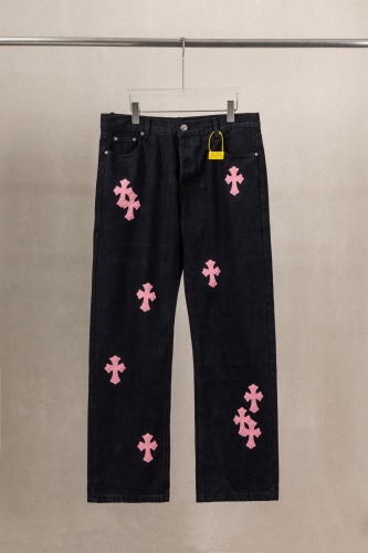 Chrome Hearts Unisex Classic Versatile Leather Cross Casual Jeans