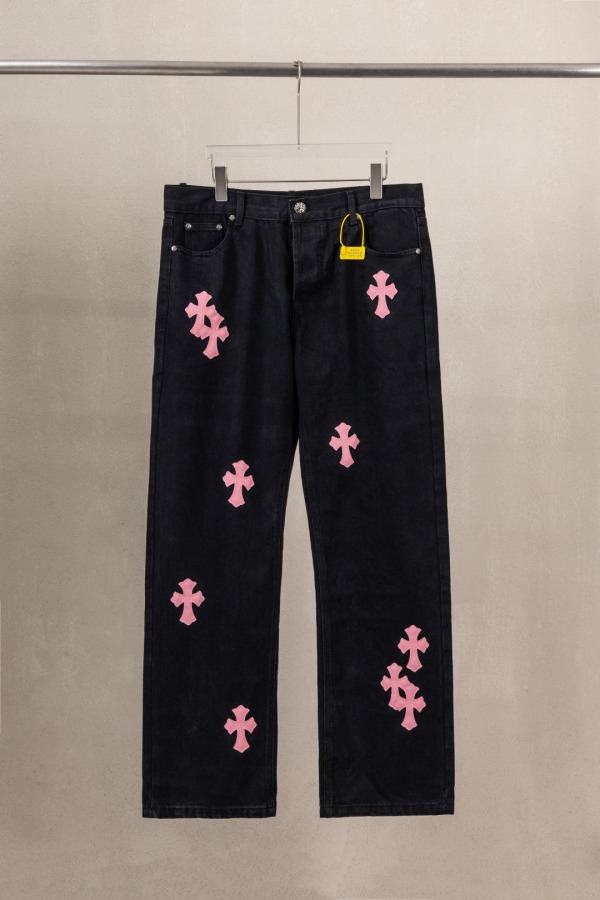Chrome Hearts Unisex Classic Versatile Leather Cross Casual Jeans