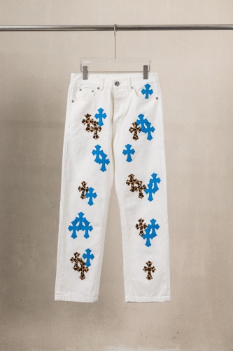 Chrome Hearts Unisex Classic Versatile Leather Cross Casual Jeans