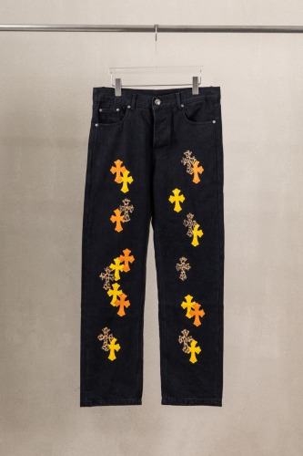 Chrome Hearts Unisex Classic Versatile Leather Cross Casual Jeans